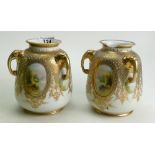Pair Hand-Painted Noritake Jeweled Vase's: with landscape panel work( damage noted to rim of one),