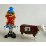 Beswick Hereford Cow 1360: together with Murano glass type clown(2)