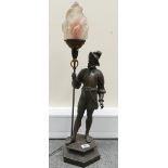 Vintage spelter lamp figure of a musketeer, spelter figure of a standing musketeer holding a lamp,