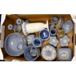 A collection of Wedgwood jasperware: comprising candlesticks, boxes, dishes, inkwells,