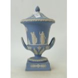 Wedgwood blue jasperware urn: Wedgwood two handled blue jasperware urn & cover, height 31cm.
