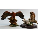 Royal Doulton large resin large Golden Eagle on Plinth: together with similar figure of 3 owls(