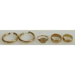 A collection of 9ct gold jewellery: including two wedding bands, earrings and signet ring, 14.