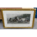 19th Century hand coloured engraving "The Horse Fair": by Rosa Bonheur, in ornate gilt frame,