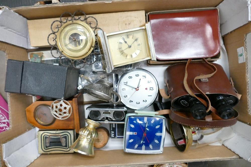 A mixed collection of items to include carriage clocks, vintage alarm clocks: a pair of Delmar