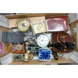 A mixed collection of items to include carriage clocks, vintage alarm clocks: a pair of Delmar