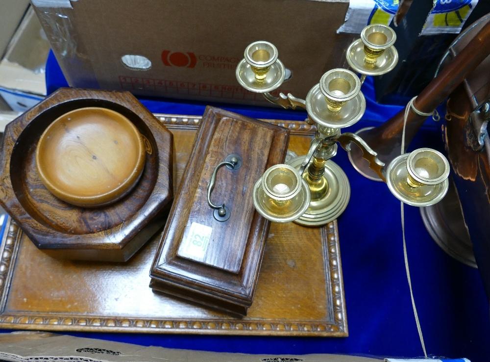 Mixed collection of items to include: silver plated candle stick, commemorative oak tray, small