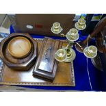 Mixed collection of items to include: silver plated candle stick, commemorative oak tray, small