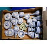 A collection of Blue Wedgwood Jasperware boxes , ashtrays & sweet boxes:
