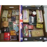 A large collection of advertising tins: many with tobacco brands (2 trays).