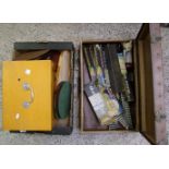 A vintage wooden suitcase containing a Graham Harish train set: a wooden spectomter case and a small
