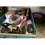 A mixed collection of metal items to include: clips, screws, pry bar, nuts and bolts etc.