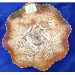 Fentons Peacock & Urn Carnival Glass Ruffle Edged bowl: diameter