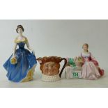 Royal Doulton lady figures: Midsummer Noon HN2035(damaged), Melanie HN2271 and small charcter jug