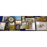A large collection of framed art work : wild flower pressings, still life studies and land scape