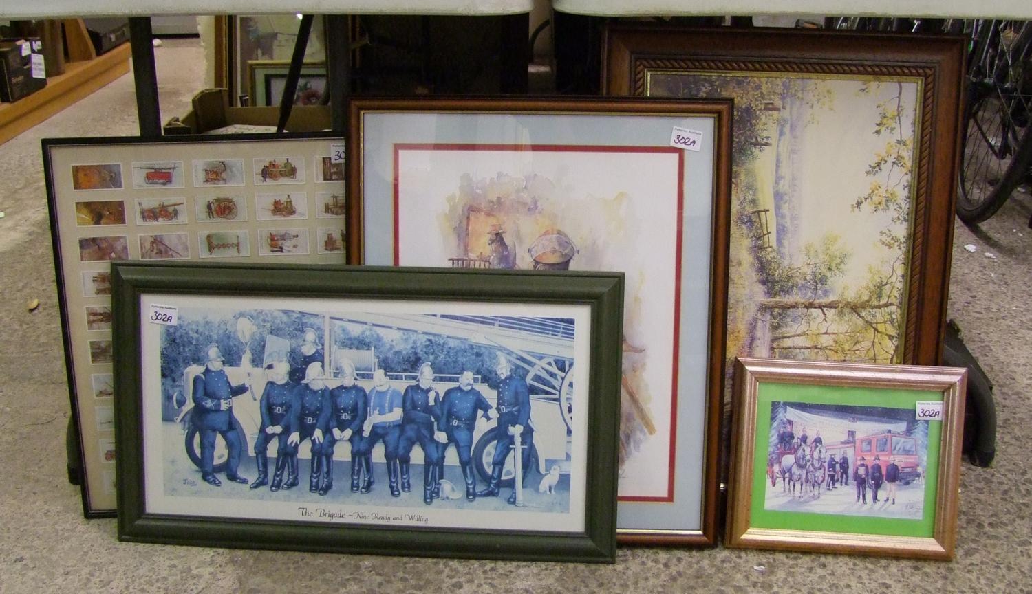 A group of prints and framed cigarette cards: most with fire brigade theme, including a J Oxford