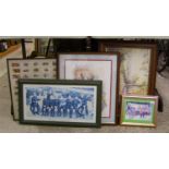 A group of prints and framed cigarette cards: most with fire brigade theme, including a J Oxford