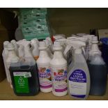 A large quantity of cleaning products to include: pot wash detergent, sanitiser, sponges, air
