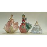 Royal Doulton lady figures: Spring Morn HN1922, The Polka HN2156 & damaged Coalport figure June(3)