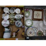 A mixed collection of items to include: Lidded victorian jug, framed tile, Aynsley items,