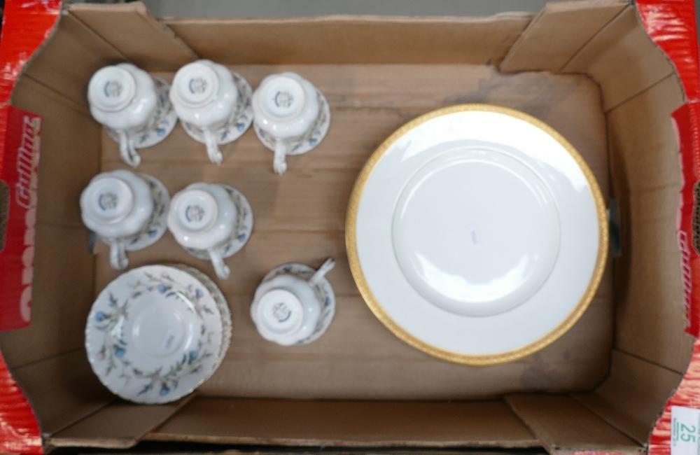 A set of 6 Royal Doulton Royal Gold dinner plates: together with 6 Royal Albert Brigadoom cups and