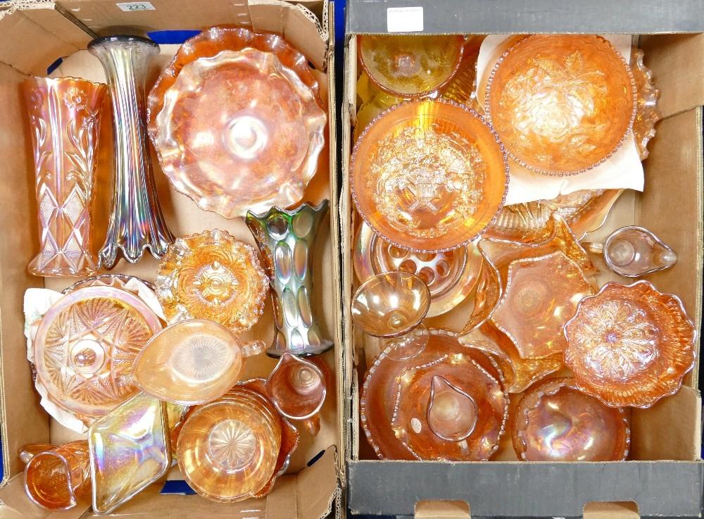 A collection of Fenton & similar orange carnival glass items to include: vases plates, footed