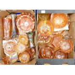 A collection of Fenton & similar orange carnival glass items to include: vases plates, footed