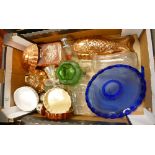 A mixed collection of items to include: coppered kitchen jelly molds, glass decanters and coloured
