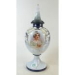 Victorian Painted Glass Lidded Vase: with portrait panel central, damage noted to internal lower rim
