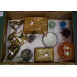 Carnival glass footed bowl, oriental trinket box, carved wooden box, paperweights and collectable