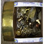 A collection of brass items to include: brass fender, horse brasses, oriments, stands etc