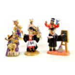 Royal Doulton Bunnykins figures: Graduation Time DB329, Teacher DB380, Randolf the Ringmaster DB330,