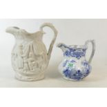 Masons Blue & White Jug: (firing crack to handle) together with a Jones & Walley of Cobridge white