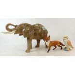 Large Sylvac Elephant:( restuck tusk) together with Beswick Owl & Fox 1016(3)