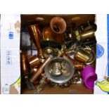 A mixed collection of copper items to include: jugs , burners, part fire side sets etc