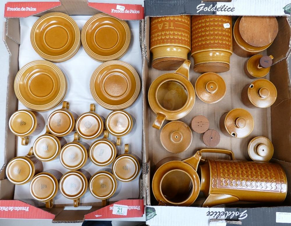 A large collection of Hornsea Saffron tea and kitchen ware: to include 12 cup and saucers, 12 side