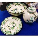 Masons chartreuse patterned items to include: Ginger Jar, fruit bowl and cabinet plate(3)