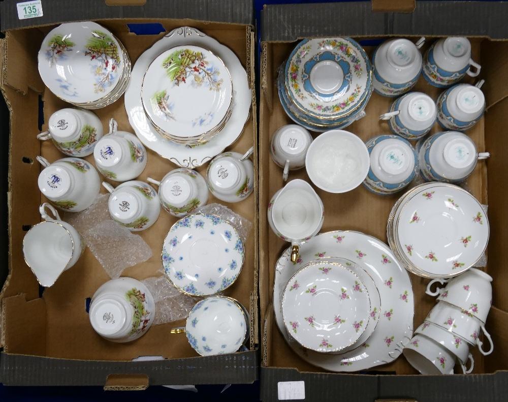 A collection of Hunting and Floral Themed part tea sets (2 trays):