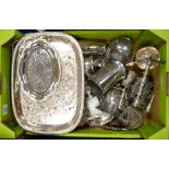 A mixed collection of silver plated and pewter items to include: trays, tankards, jugs etc