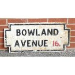 1920s cast iron Street Sign: Vintage cast iron street sign Bowland Avenue 16", 35 x 75cm.