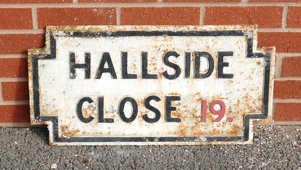 1920s cast iron Street Sign: Vintage cast iron street sign "Hallside Close", 34 x 68cm.