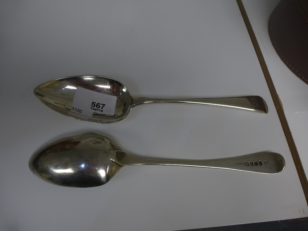 2 Georgian silver tablespoons hallmarked for London, each engraved with initials, 4 troy oz AF