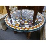 A Circular specimen marble table top with zig zag border on Italian walnut base with barley twist