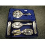 Early 20th Century silver backed six piece dressing table set decorated with ribbon ties laurel