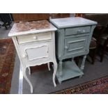 Two French painted bedside cupboards with marble tops