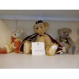 Three teddy bears; Comprising one by Hermann, Queen Mary 2 celebration bear No61 of 950, One Dears