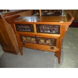 Oriental hardwood cabinet with 2 drawers, dropflap and carved panelling