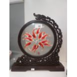 Chinese circular silk embroidery of goldfish 19cm diameter in a carved hardwood frame