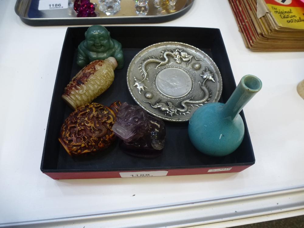 A group of Chinese items: comprising of a coin dish, with raised relief of two dragons, Jade Buddha,
