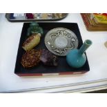 A group of Chinese items: comprising of a coin dish, with raised relief of two dragons, Jade Buddha,